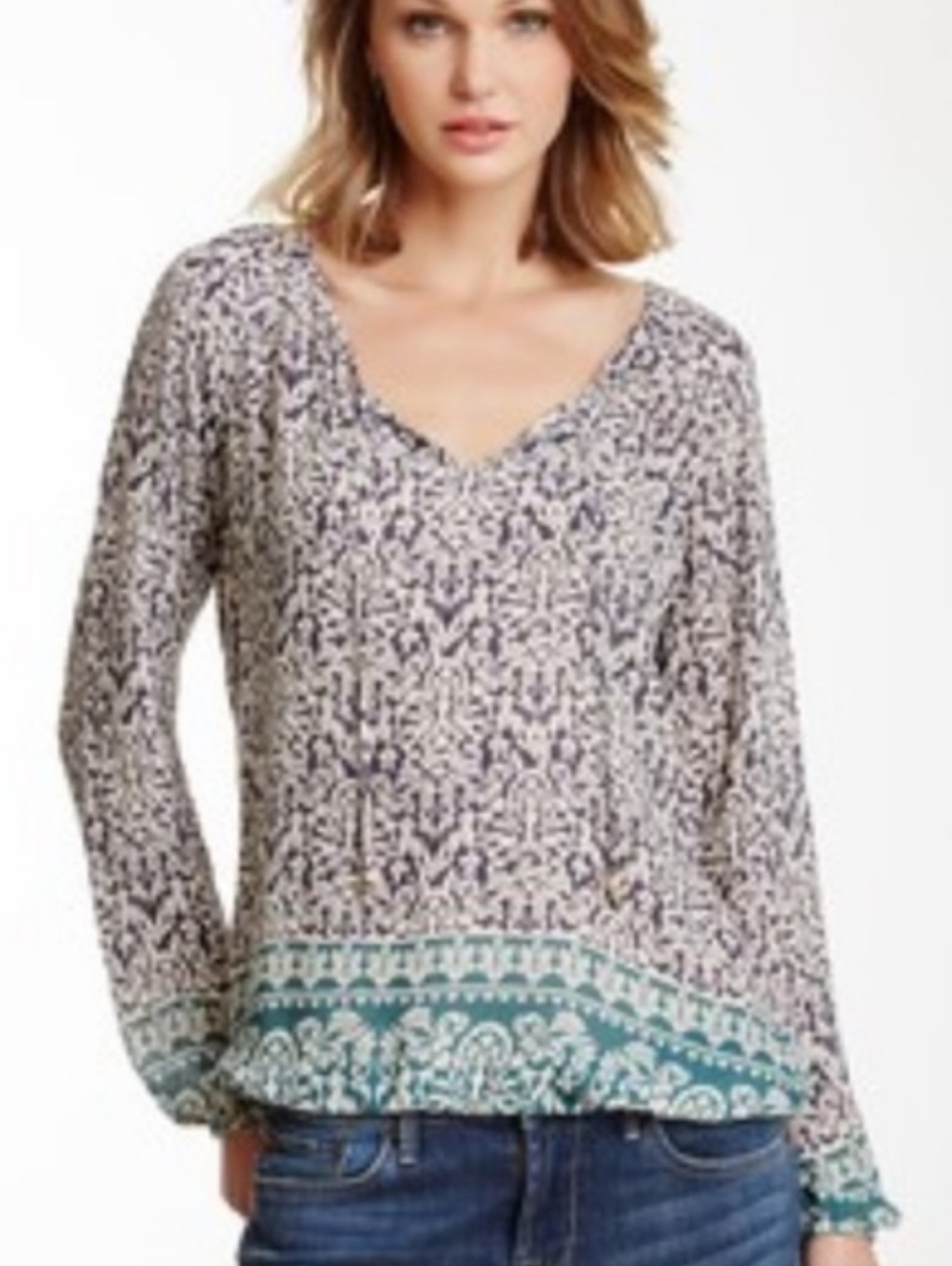 Lucky Brand Women's Tahla Print Boho Peasant Blouse Tie at Neck Size Medium